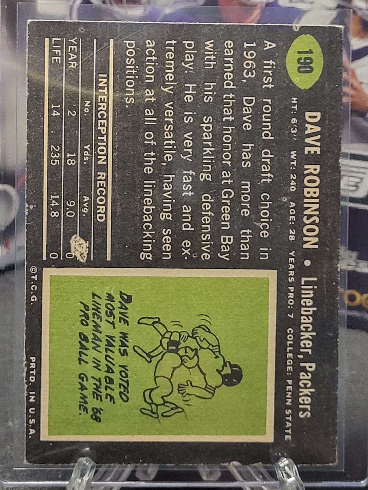 1969 Topps 190 Dave Robinson (Good to VG condition)