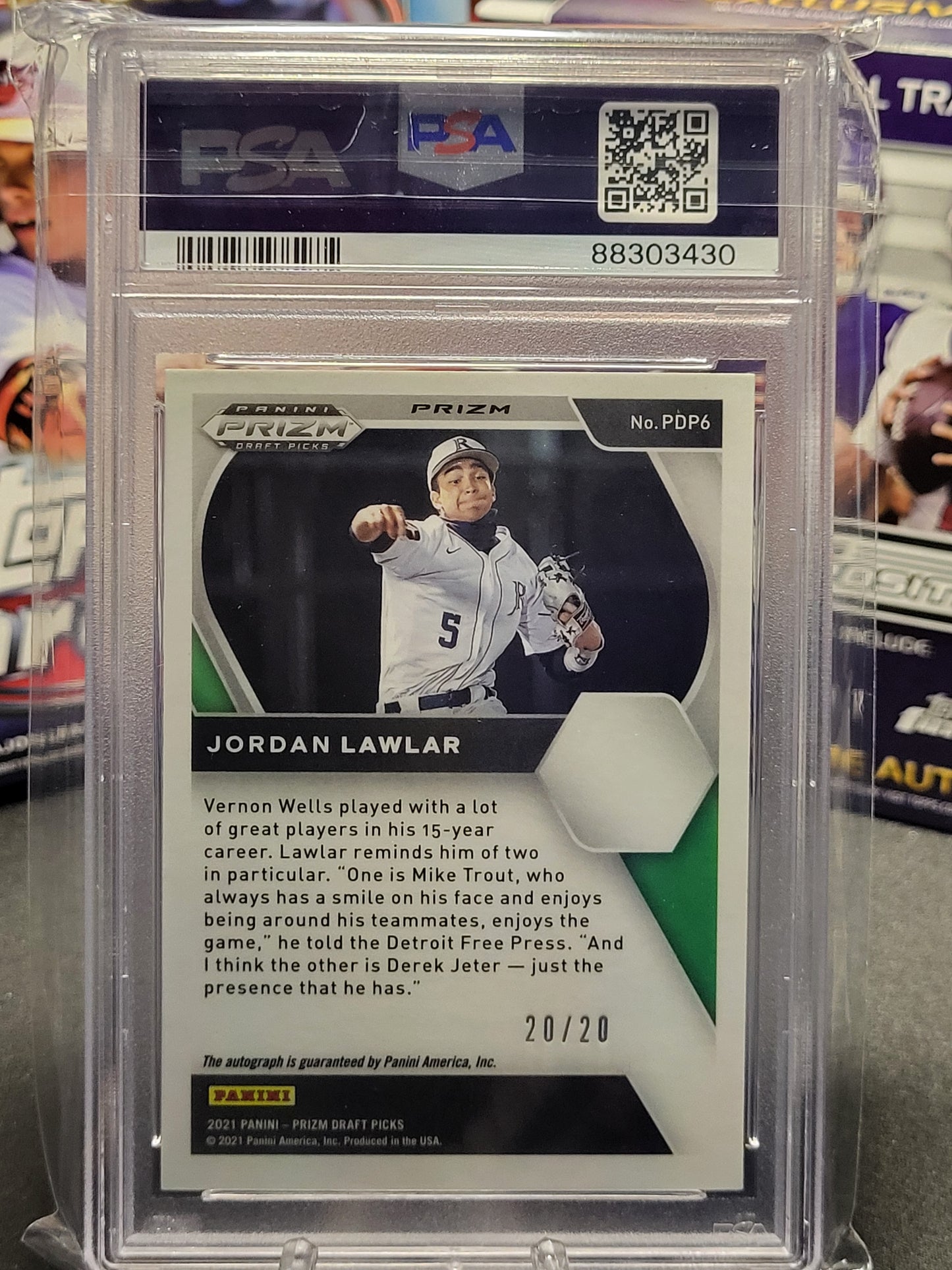2021 Prizm Draft Picks 6 Jordan Lawlar Autograph Neon Orange Prizm 20/20 PSA NM-MT 8