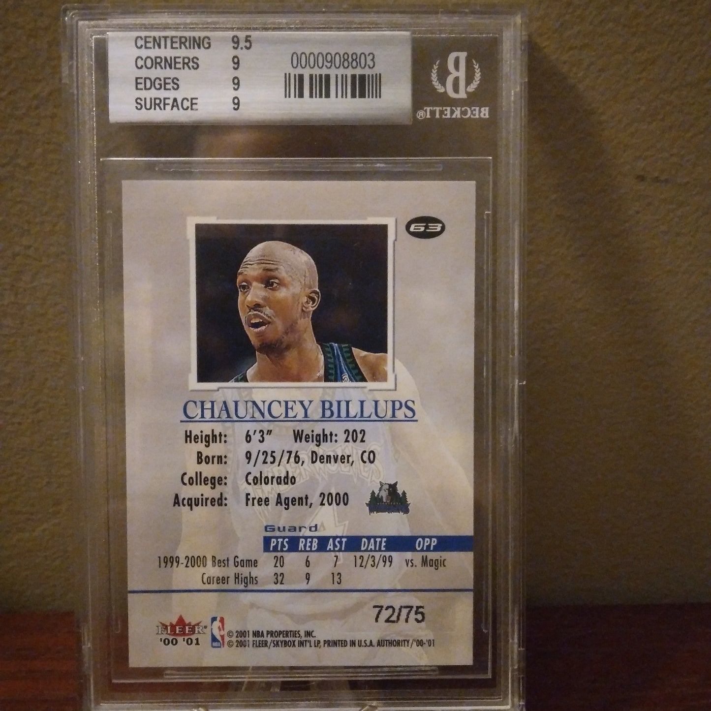 2000-01 Fleer Authority Prominence Chauncey Billups #63 72/75 BGS Grade MT 9