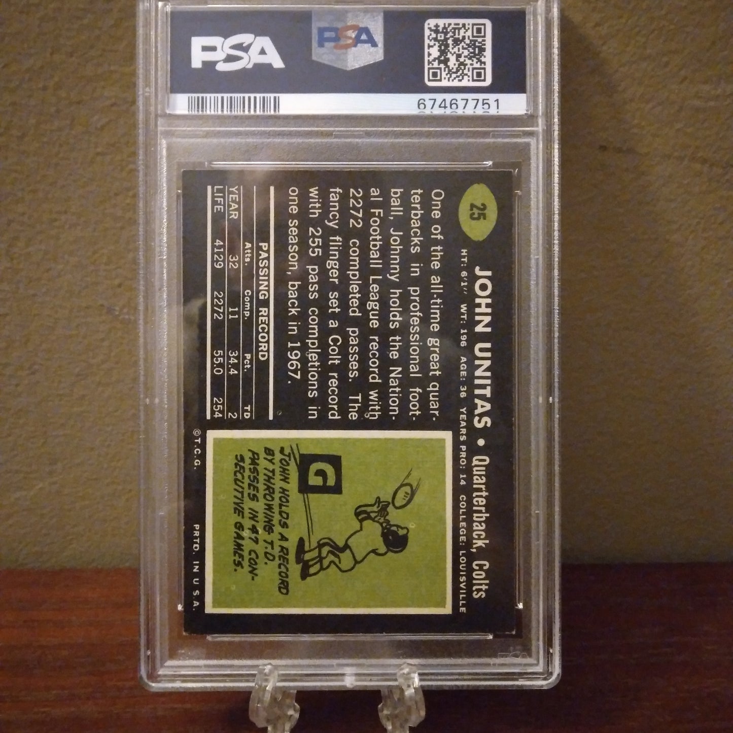 1969 Topps Johnny Unitas #25 PSA Grade EX-MT 6
