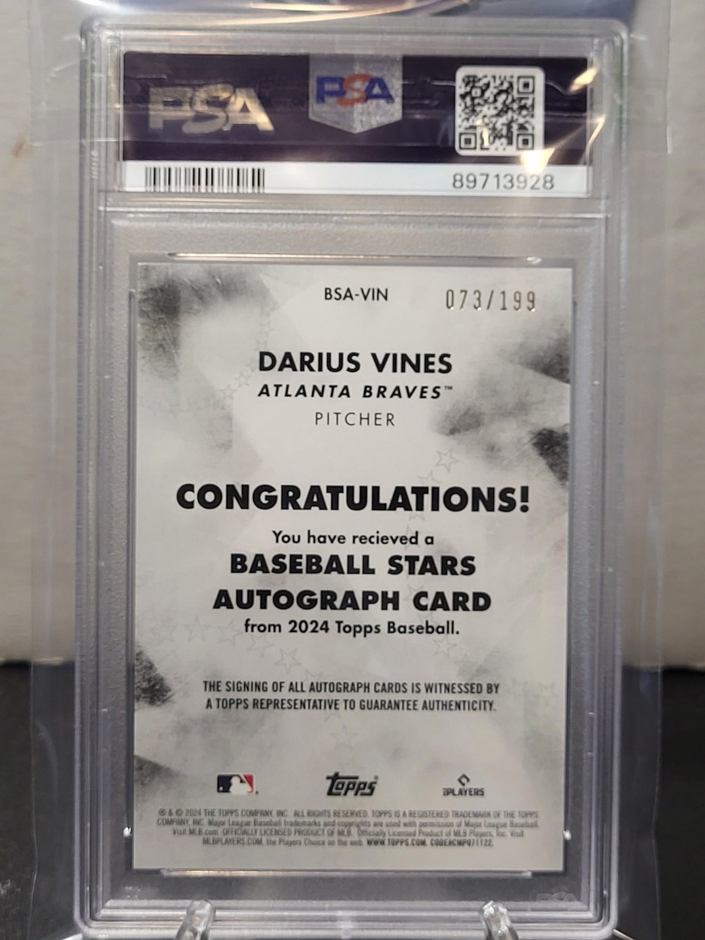 2024 Topps Darius Vines Rookie Card Baseball Stars Auto- Black PSA 9