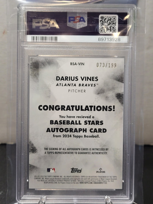 2024 Topps Darius Vines Rookie Card Baseball Stars Auto- Black PSA 9