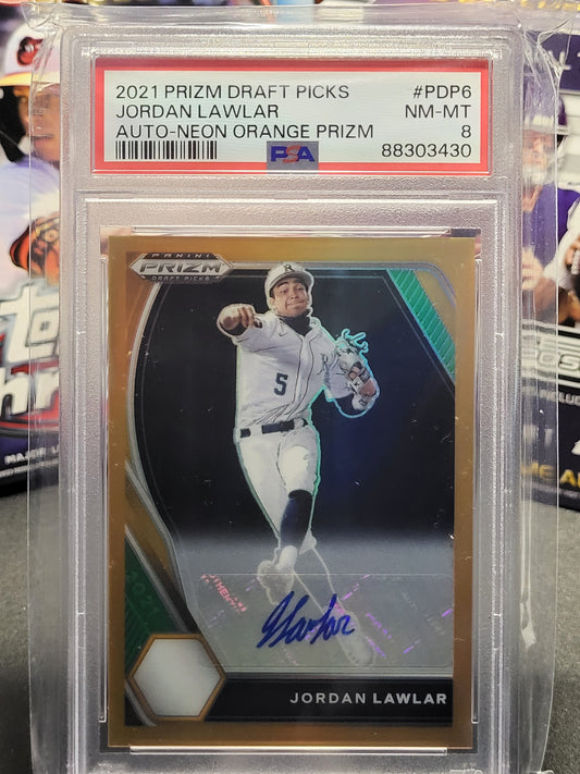 2021 Prizm Draft Picks 6 Jordan Lawlar Autograph Neon Orange Prizm 20/20 PSA NM-MT 8