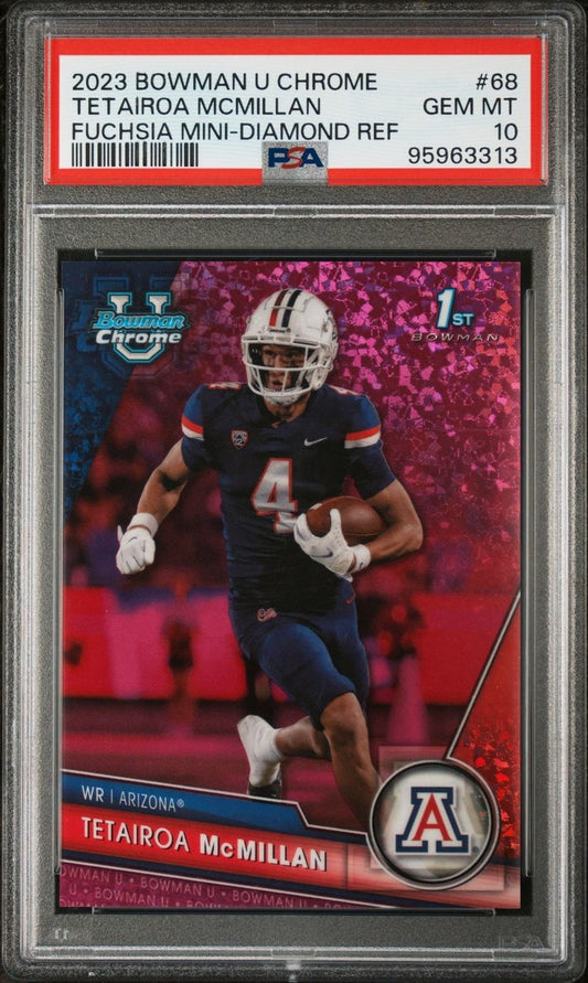 2023 Bowman University Chrome 68 Tetairoa McMillan Fuchsia Mini Diamond Refractor 14/150 PSA GEM MT 10