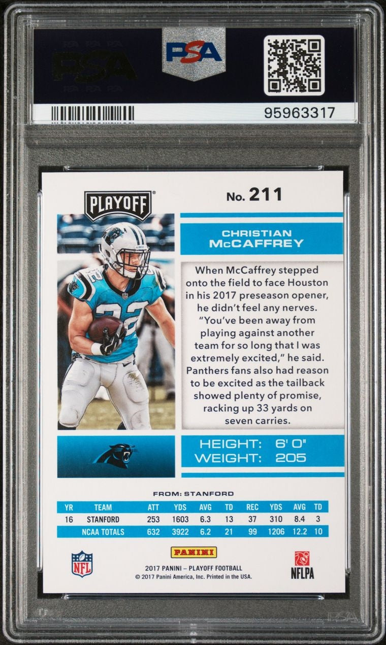 2017 Playoff 211 Christian McCaffrey Goal Line PSA MT 9