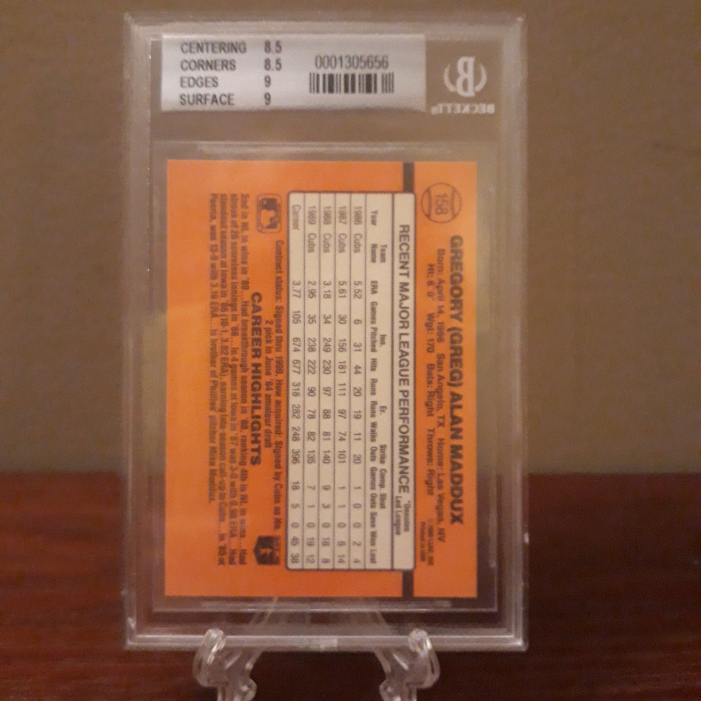 1990 Donruss Greg Maddux Error(no dot after INC) BGS 8.5