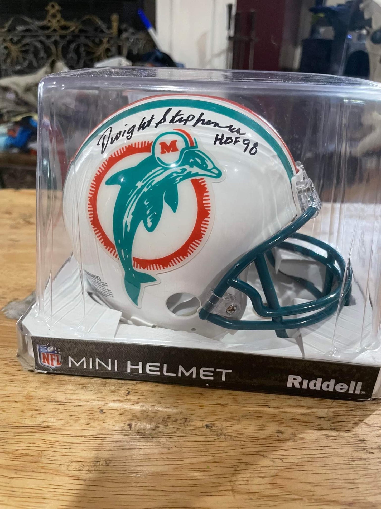 Dwight Stephenson signed w/HOF 98 Riddell Throwback Dolphins Mini Helmet