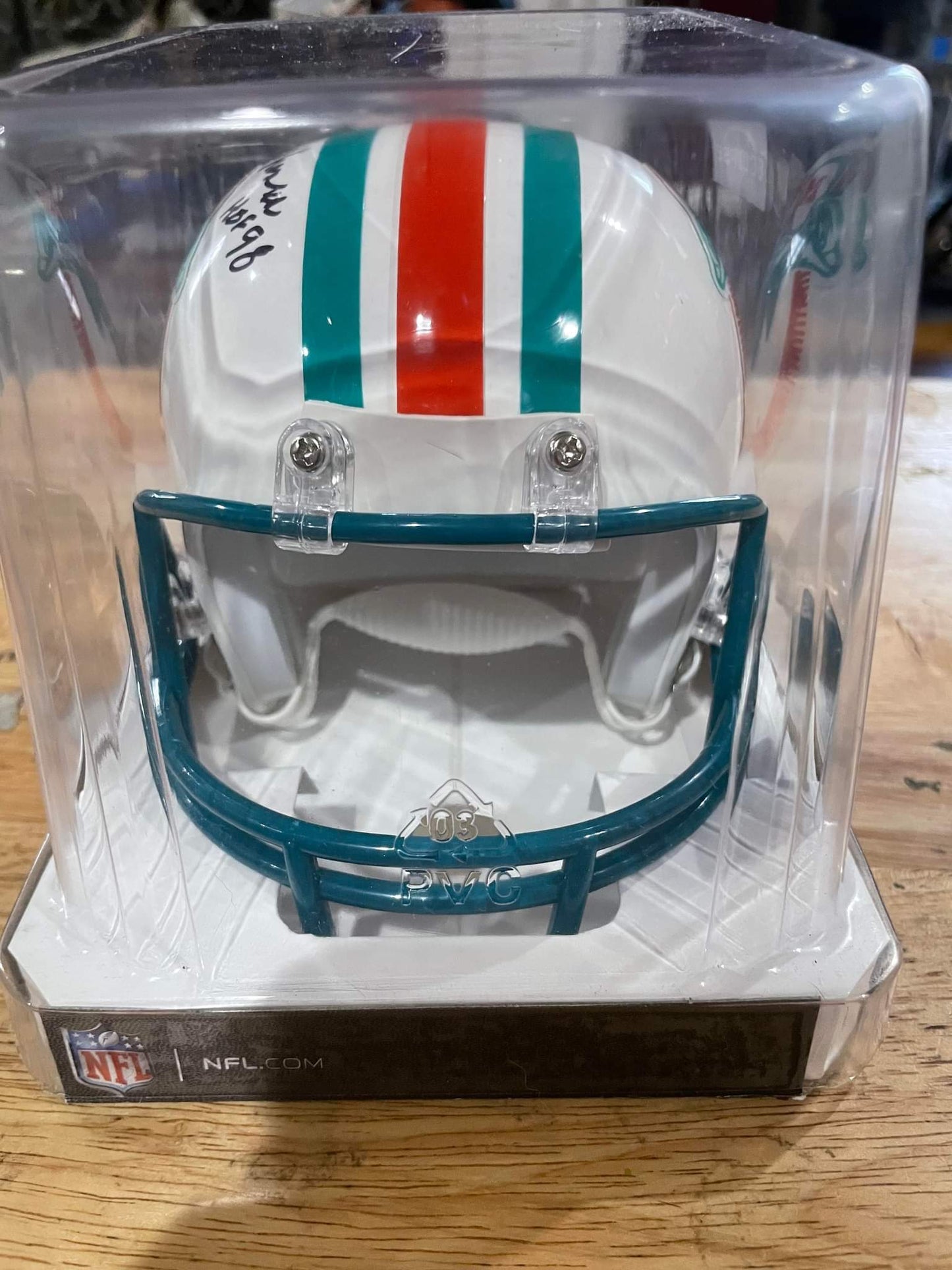 Dwight Stephenson signed w/HOF 98 Riddell Throwback Dolphins Mini Helmet